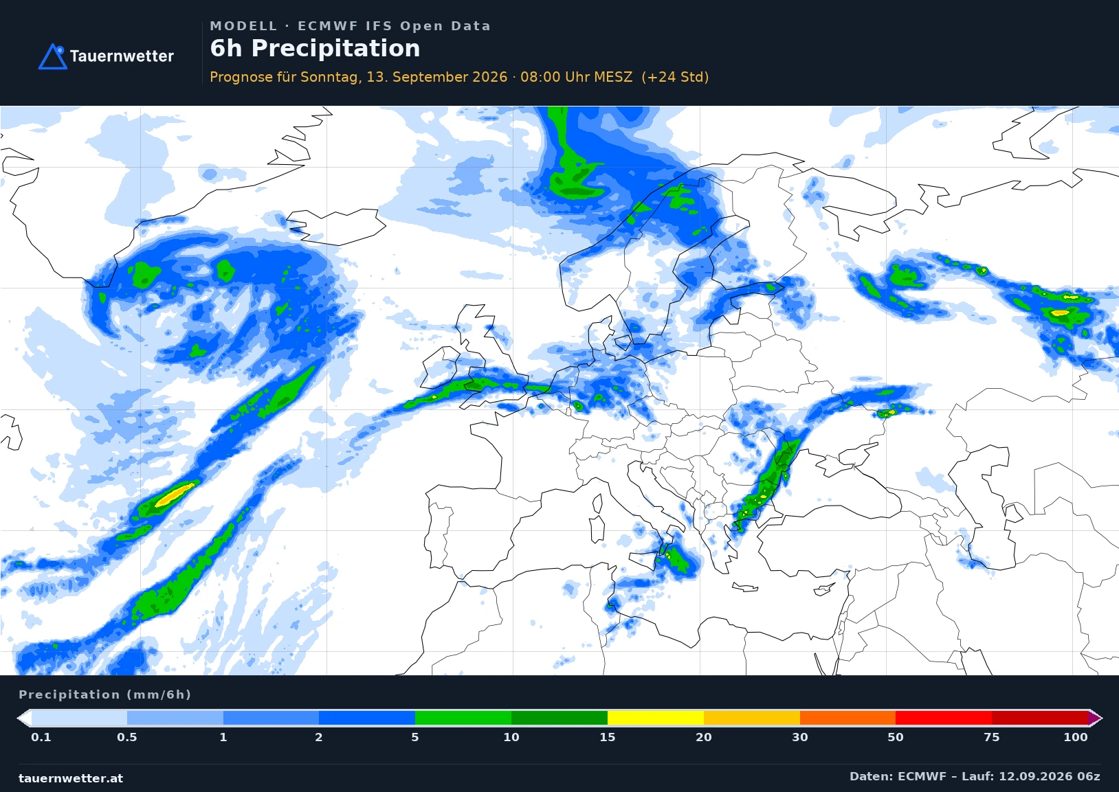 ECMWF IFS Modellkarte Niederschlag 6 h Europa, Vorhersage +24 Stunden