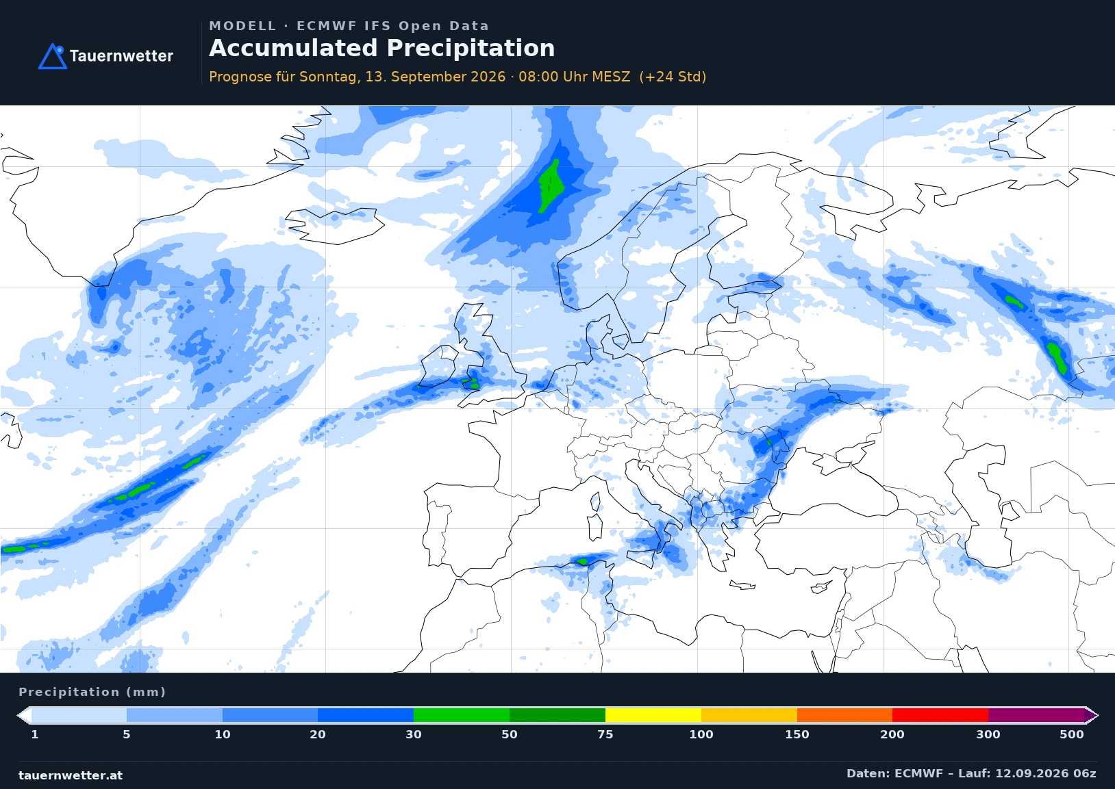 ECMWF IFS Modellkarte Niederschlag akkumuliert Europa, Vorhersage +24 Stunden