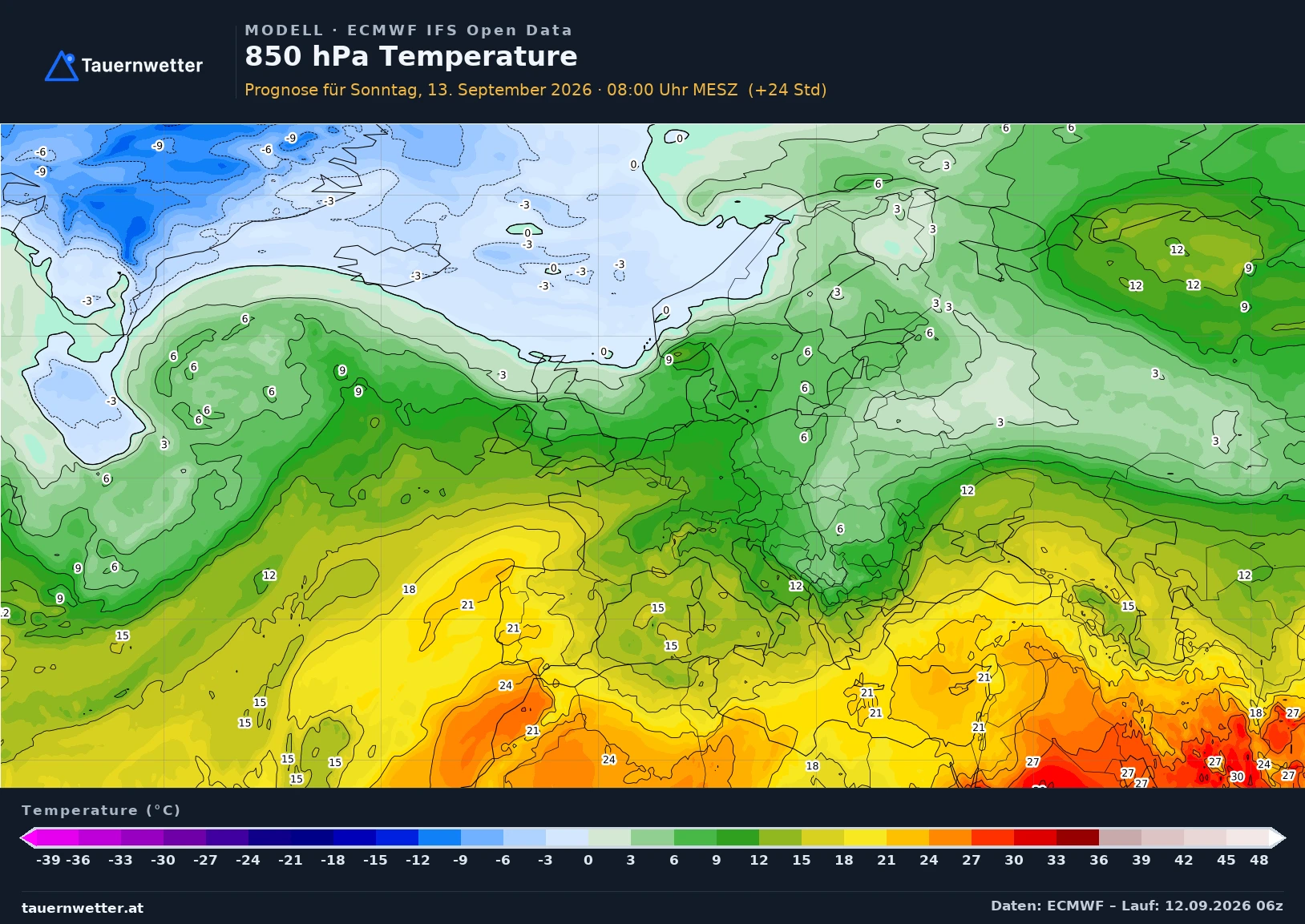 ECMWF IFS Modellkarte Temperatur 850 hPa Europa, Vorhersage +24 Stunden