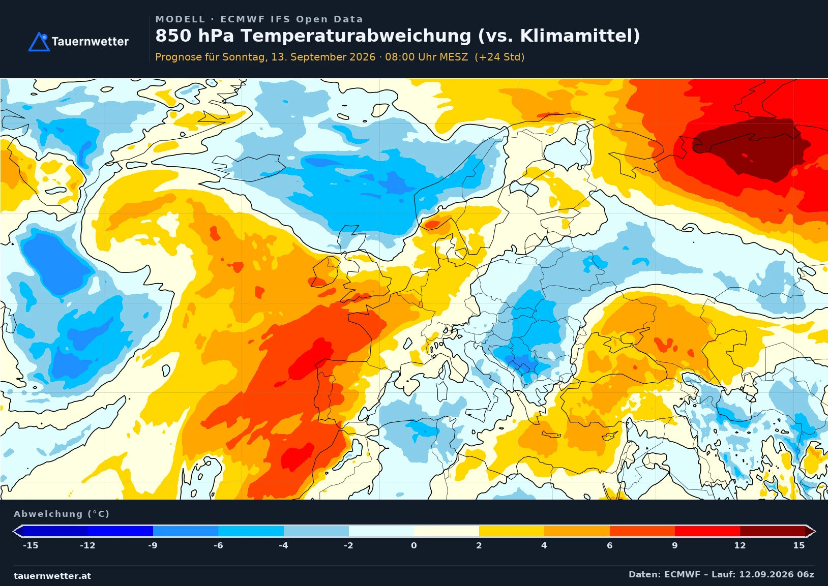 ECMWF IFS Modellkarte Temperatur 850 hPa, Abweichung Europa, Vorhersage +24 Stunden