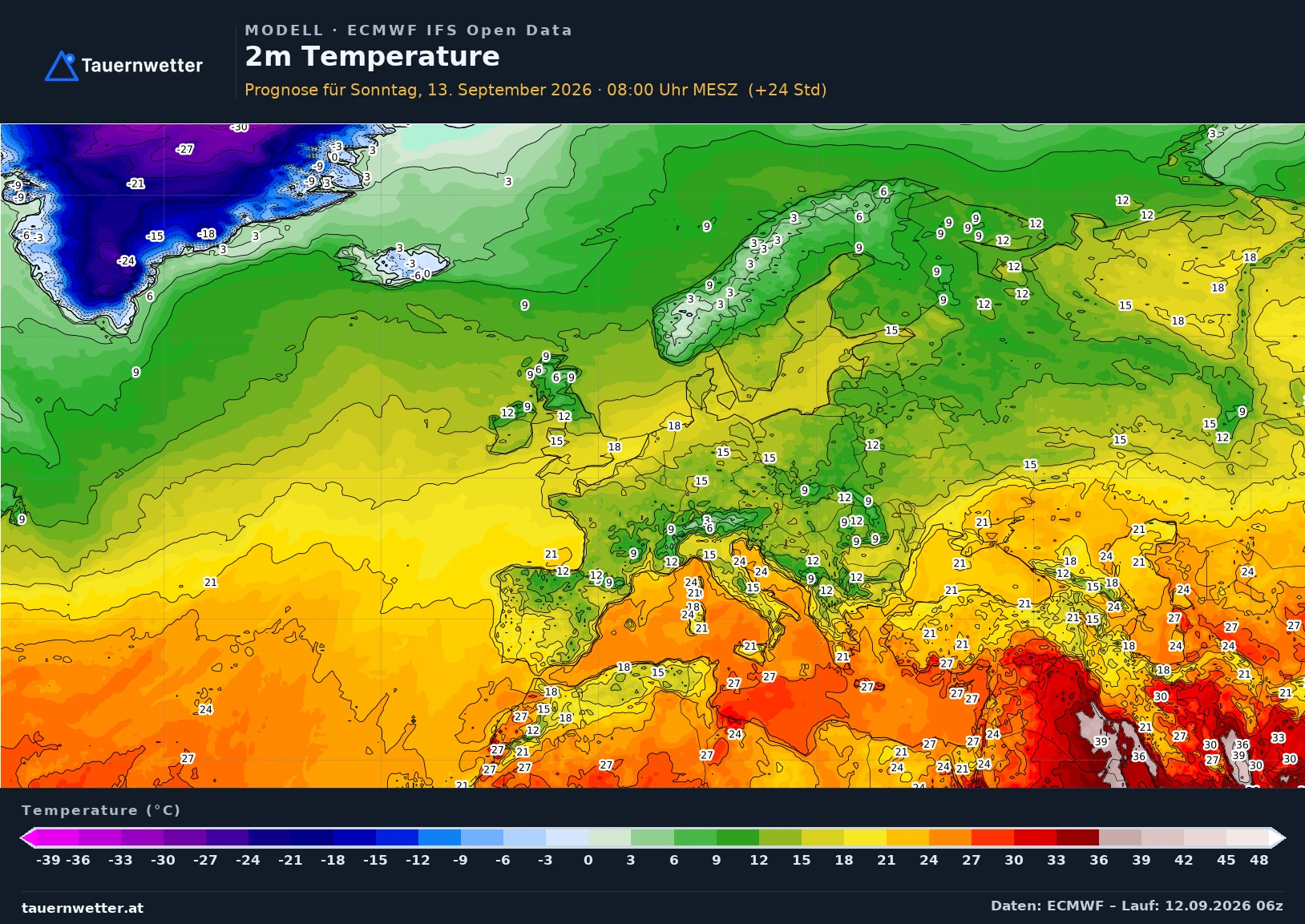 ECMWF IFS Modellkarte Temperatur 2 m Europa, Vorhersage +24 Stunden
