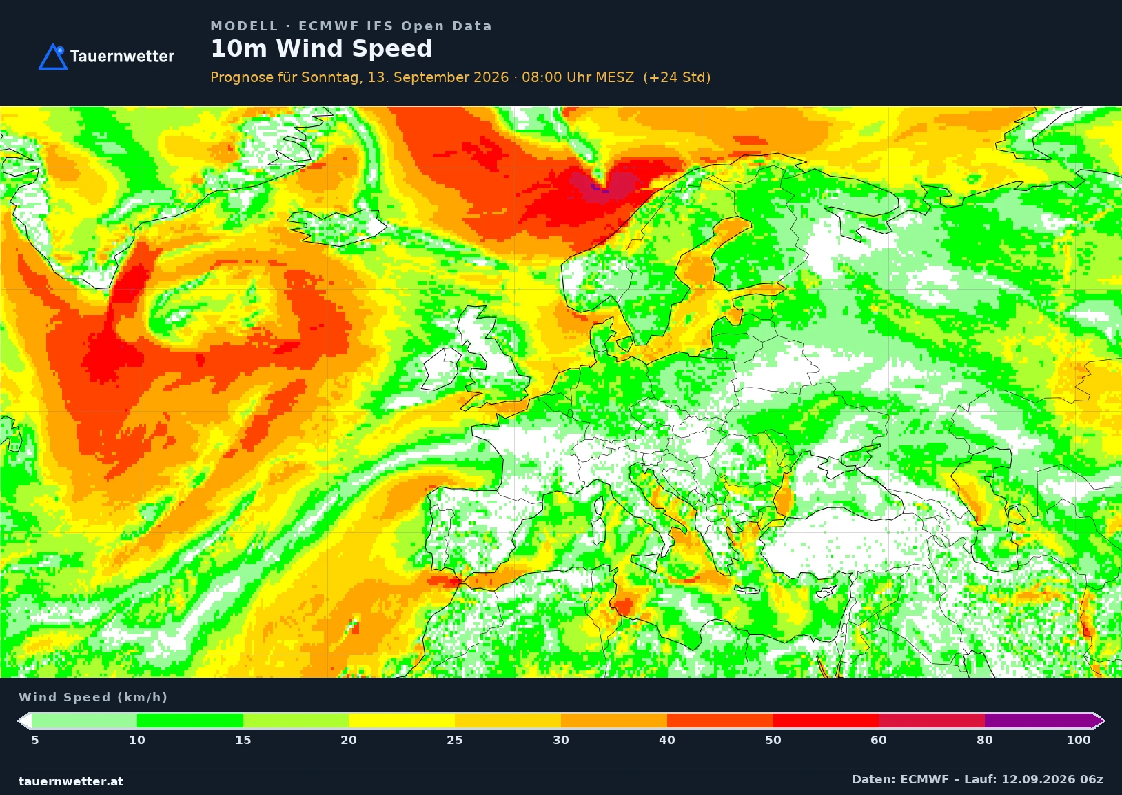 ECMWF IFS Modellkarte Mittelwind 10 m Europa, Vorhersage +24 Stunden