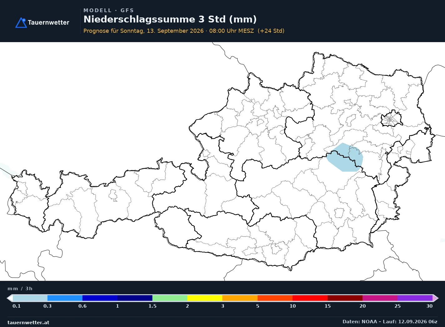 GFS Modellkarte Niederschlag 3 h Österreich, Vorhersage +24 Stunden