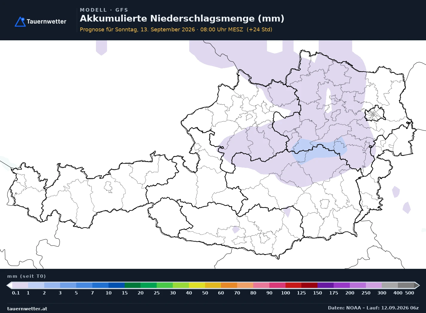 GFS Modellkarte Niederschlag akkumuliert Österreich, Vorhersage +24 Stunden