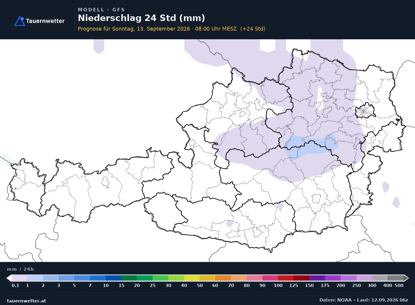 GFS Modellkarte Niederschlag 24 h Österreich, Vorhersage +24 Stunden