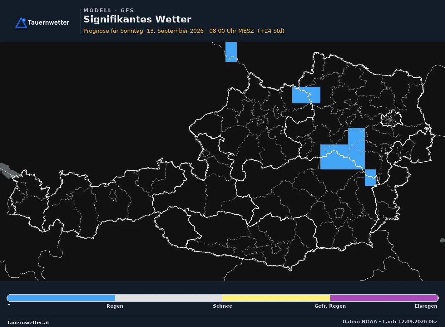 GFS Modellkarte Signifikantes Wetter Österreich, Vorhersage +24 Stunden
