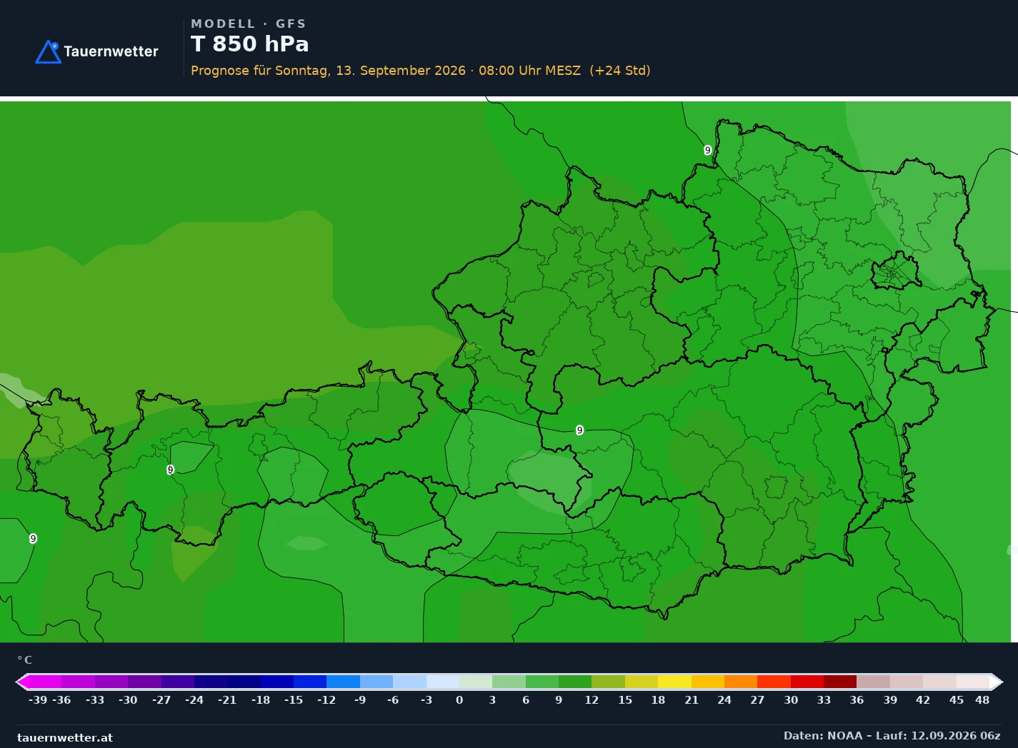 GFS Modellkarte Temperatur 850 hPa Österreich, Vorhersage +24 Stunden