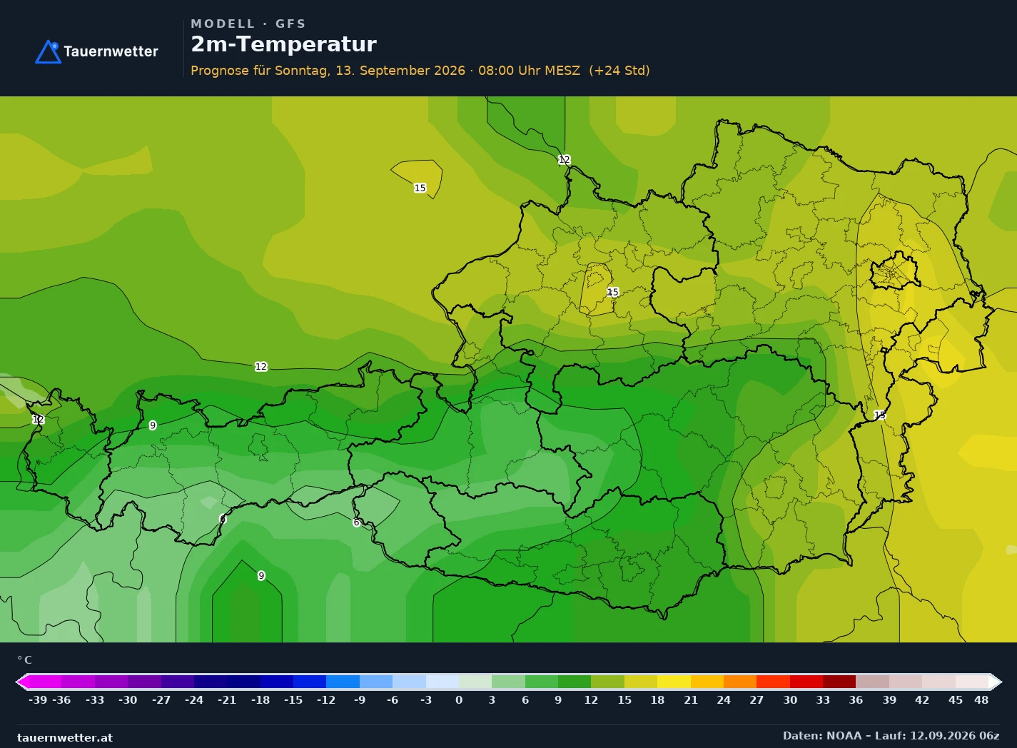 GFS Modellkarte Temperatur 2 m Österreich, Vorhersage +24 Stunden