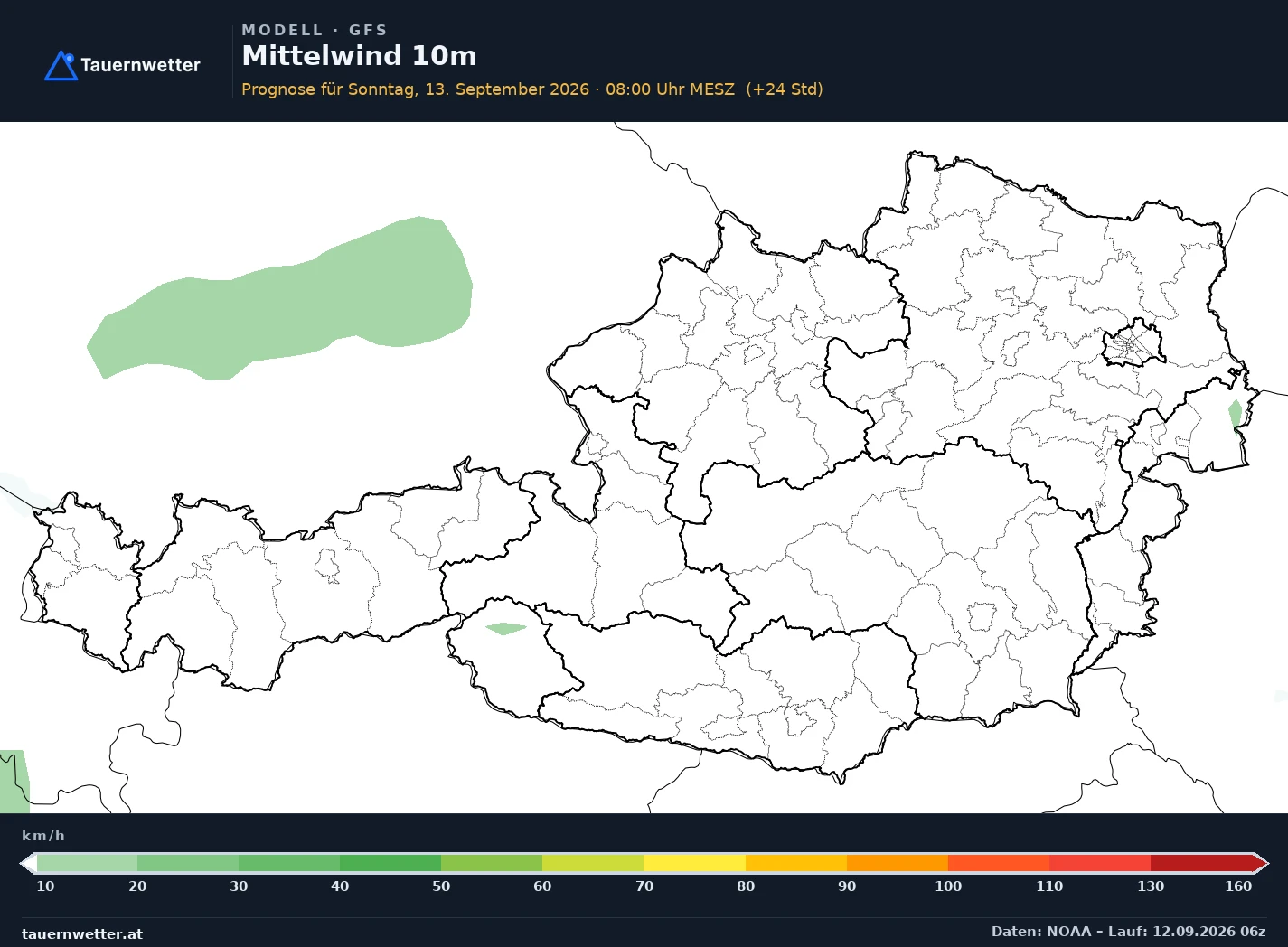 GFS Modellkarte Mittelwind 10 m Österreich, Vorhersage +24 Stunden
