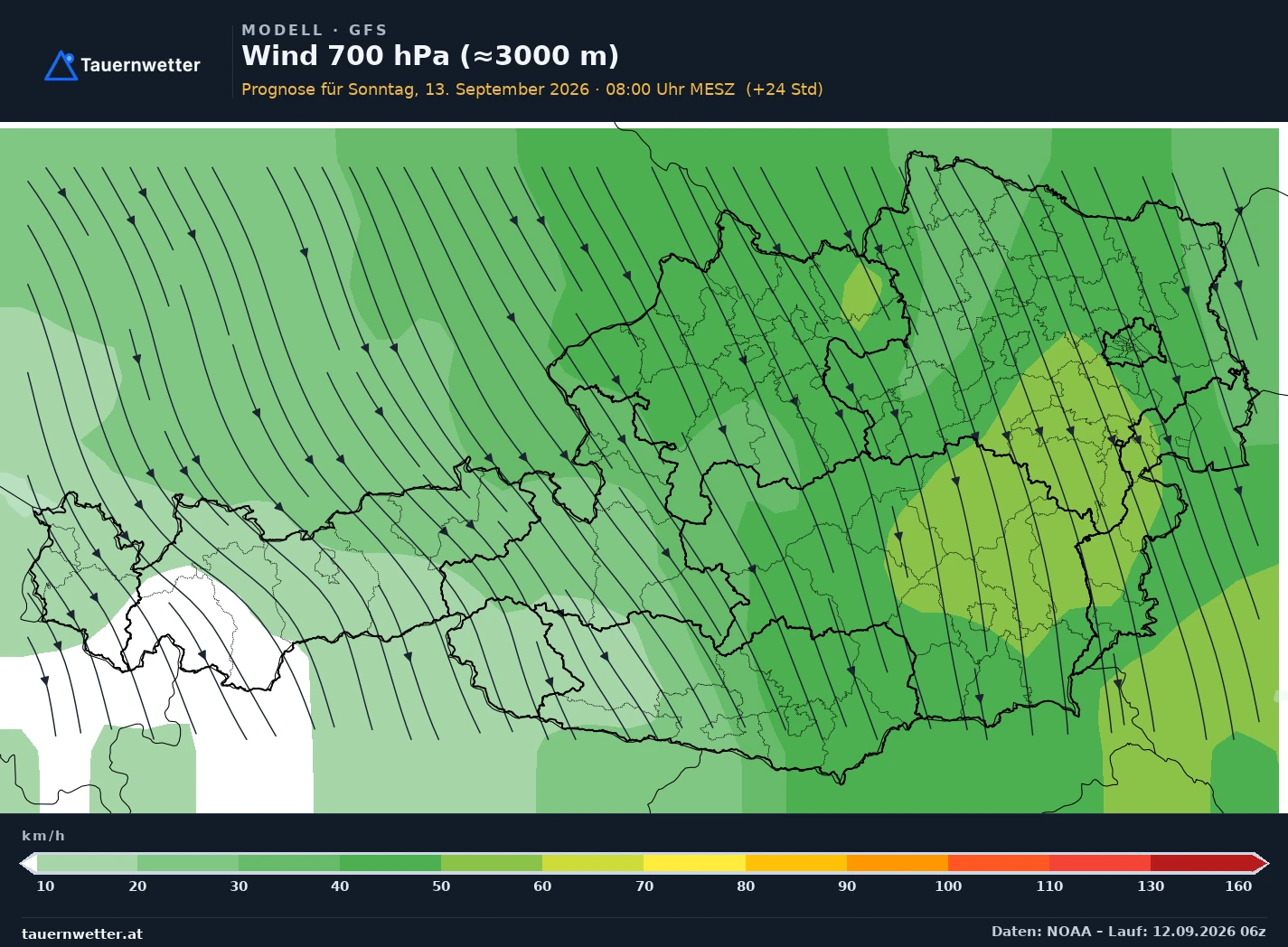 GFS Modellkarte Wind 700 hPa, rund 3.000 m Österreich, Vorhersage +24 Stunden