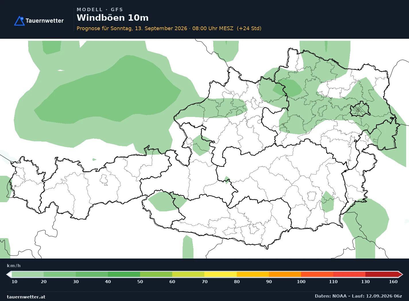 GFS Modellkarte Windböen 10 m Österreich, Vorhersage +24 Stunden