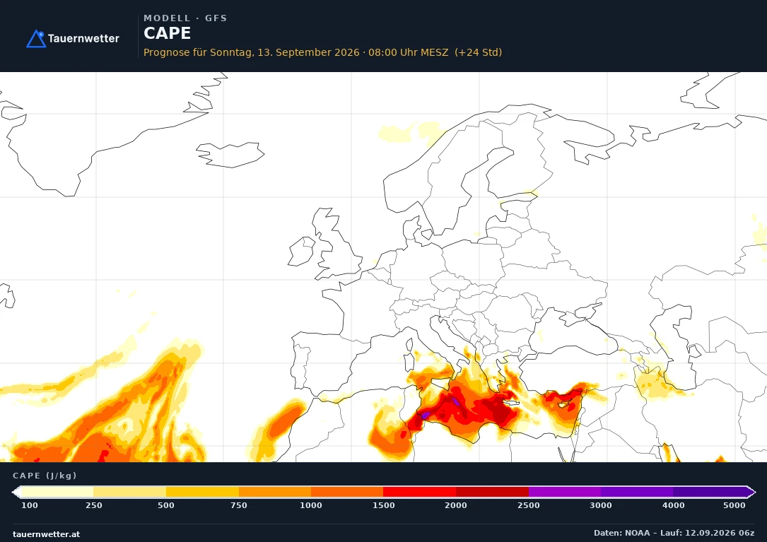 GFS Modellkarte CAPE, Gewitterpotential Europa, Vorhersage +24 Stunden