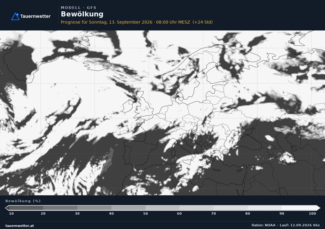 GFS Modellkarte Bewölkung Europa, Vorhersage +24 Stunden