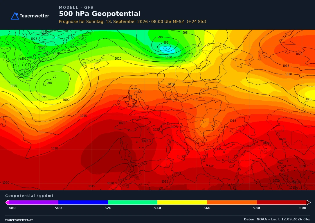 GFS Modellkarte Bodendruck und 500 hPa Geopotential Europa, Vorhersage +24 Stunden