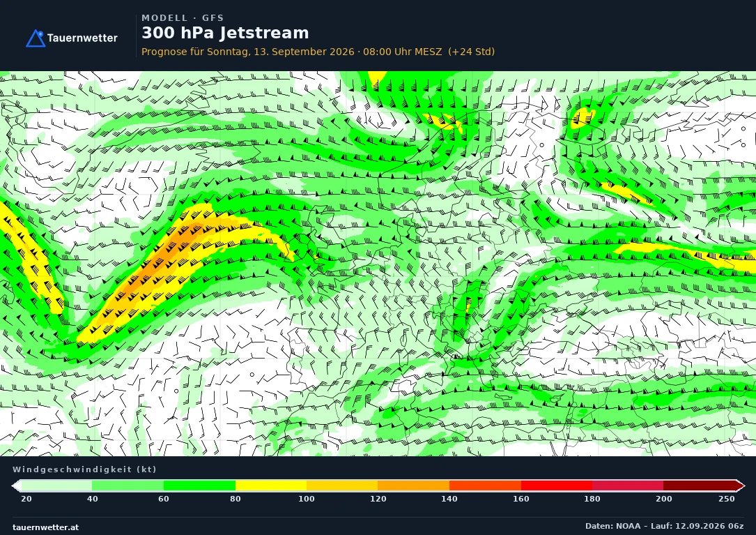 GFS Modellkarte Jetstream 300 hPa Europa, Vorhersage +24 Stunden
