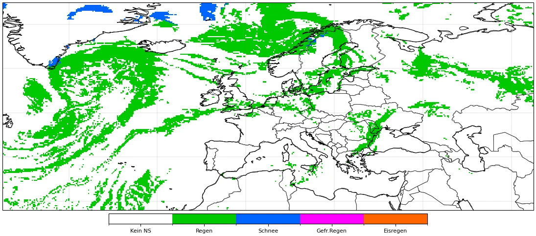 GFS Modellkarte Niederschlagsform Europa, Vorhersage +24 Stunden