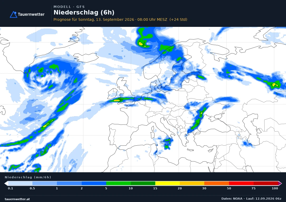 GFS Modellkarte Niederschlag 6 h Europa, Vorhersage +24 Stunden