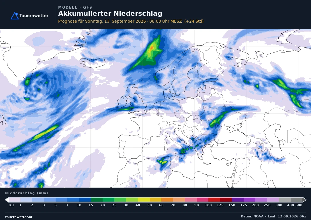GFS Modellkarte Niederschlag akkumuliert Europa, Vorhersage +24 Stunden