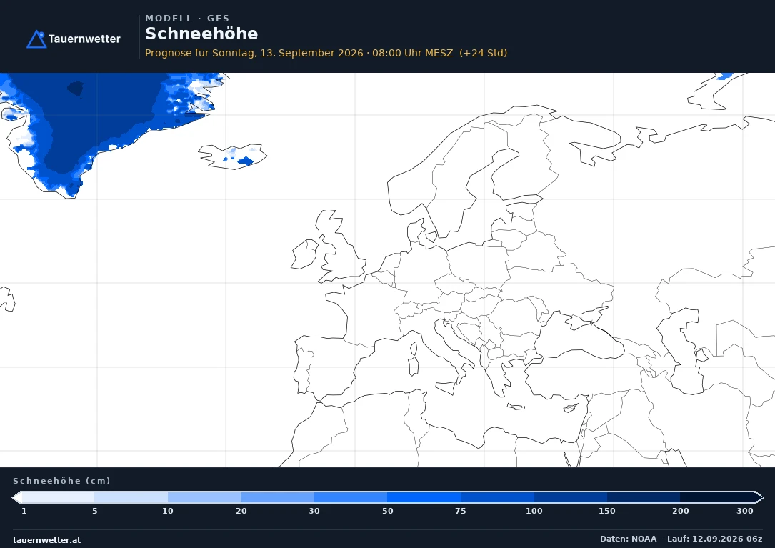 GFS Modellkarte Schneehöhe Europa, Vorhersage +24 Stunden