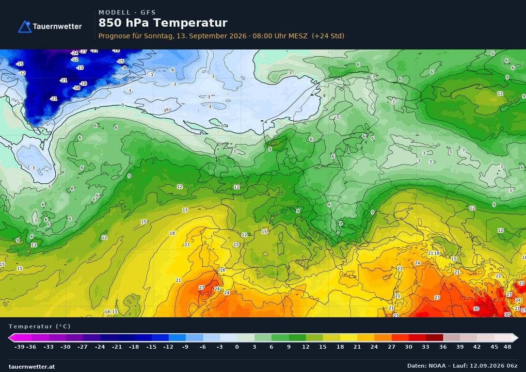 GFS Modellkarte Temperatur 850 hPa Europa, Vorhersage +24 Stunden