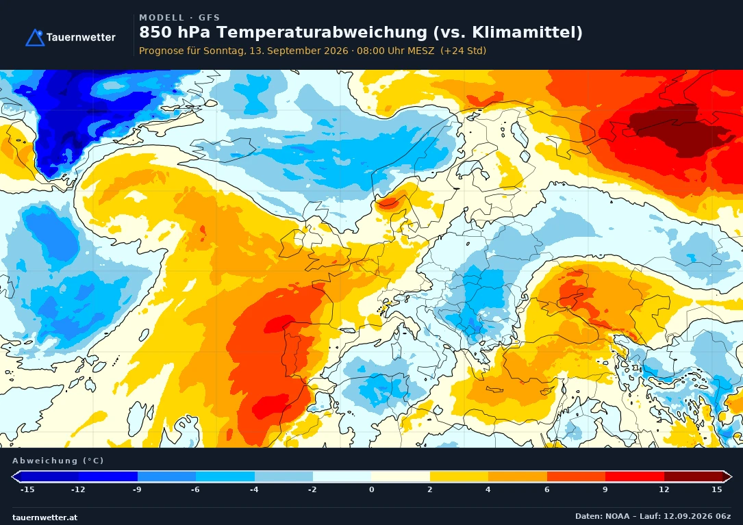 GFS Modellkarte Temperatur 850 hPa, Abweichung Europa, Vorhersage +24 Stunden