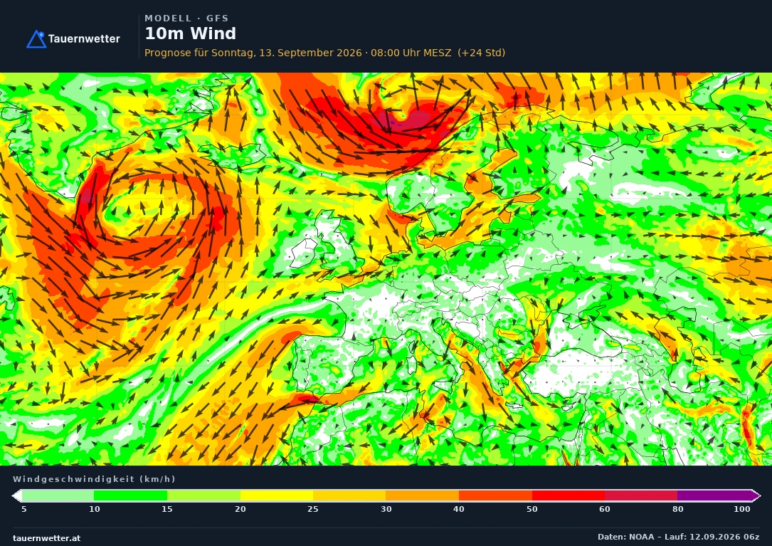GFS Modellkarte Mittelwind 10 m Europa, Vorhersage +24 Stunden
