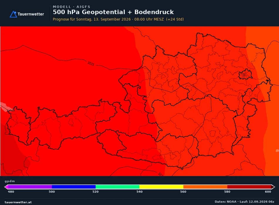AIGFS Modellkarte Bodendruck und 500 hPa Geopotential Österreich, Vorhersage +24 Stunden