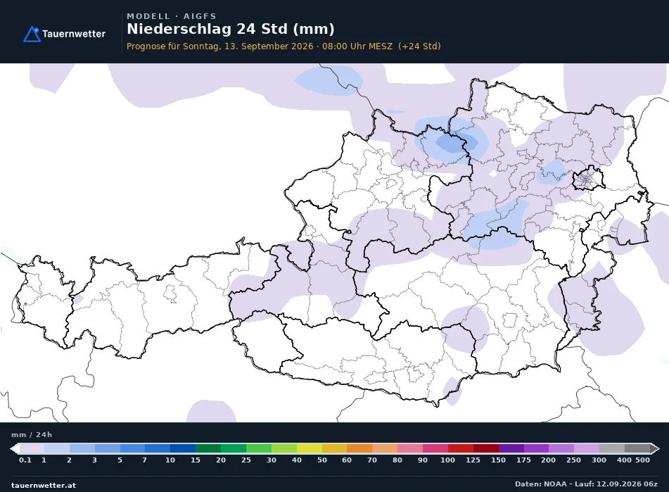 AIGFS Modellkarte Niederschlag 24 h Österreich, Vorhersage +24 Stunden