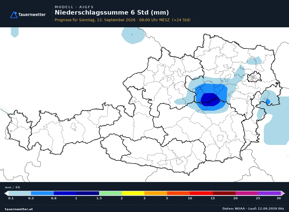 AIGFS Modellkarte Niederschlag 6 h Österreich, Vorhersage +24 Stunden