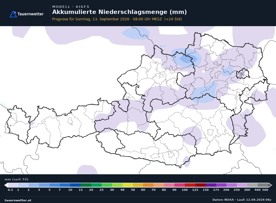 AIGFS Modellkarte Niederschlag akkumuliert Österreich, Vorhersage +24 Stunden