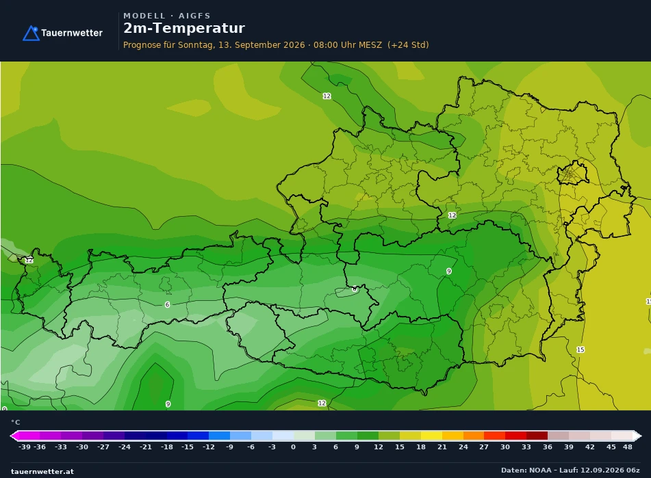 AIGFS Modellkarte Temperatur 2 m Österreich, Vorhersage +24 Stunden