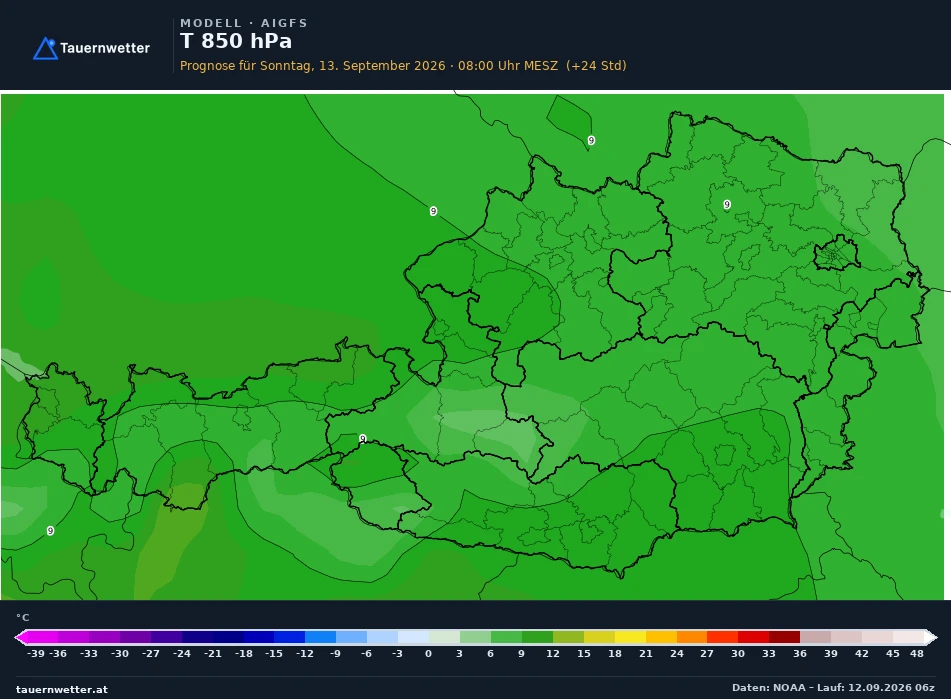 AIGFS Modellkarte Temperatur 850 hPa Österreich, Vorhersage +24 Stunden