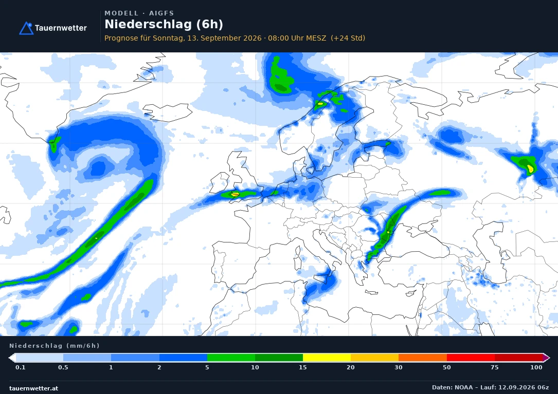 AIGFS Modellkarte Niederschlag 6 h Europa, Vorhersage +24 Stunden