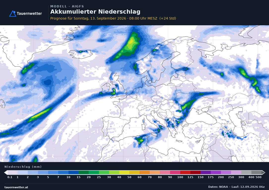 AIGFS Modellkarte Niederschlag akkumuliert Europa, Vorhersage +24 Stunden