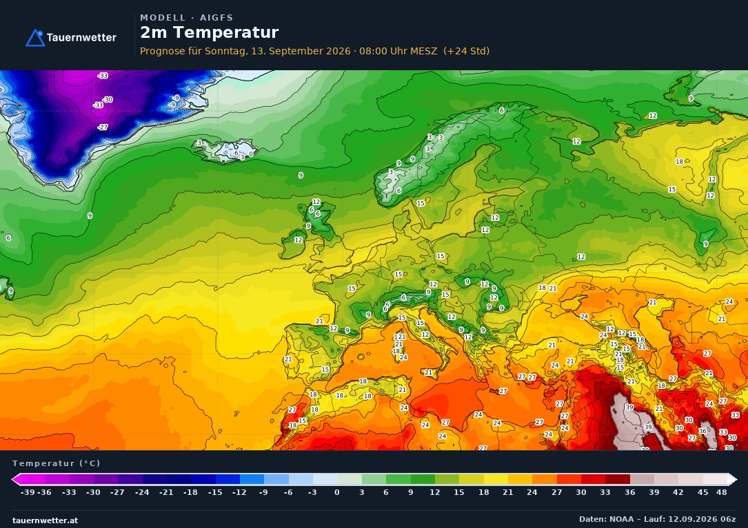 AIGFS Modellkarte Temperatur 2 m Europa, Vorhersage +24 Stunden