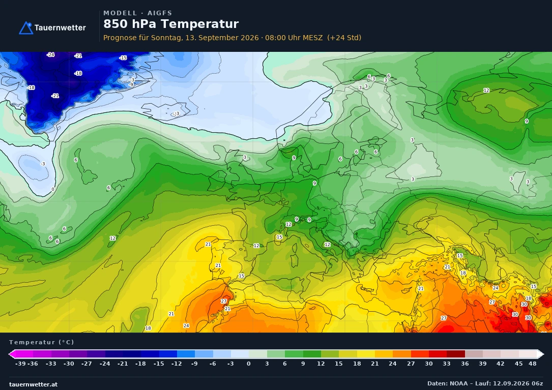 AIGFS Modellkarte Temperatur 850 hPa Europa, Vorhersage +24 Stunden