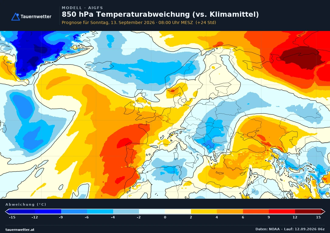 AIGFS Modellkarte Temperatur 850 hPa, Abweichung Europa, Vorhersage +24 Stunden