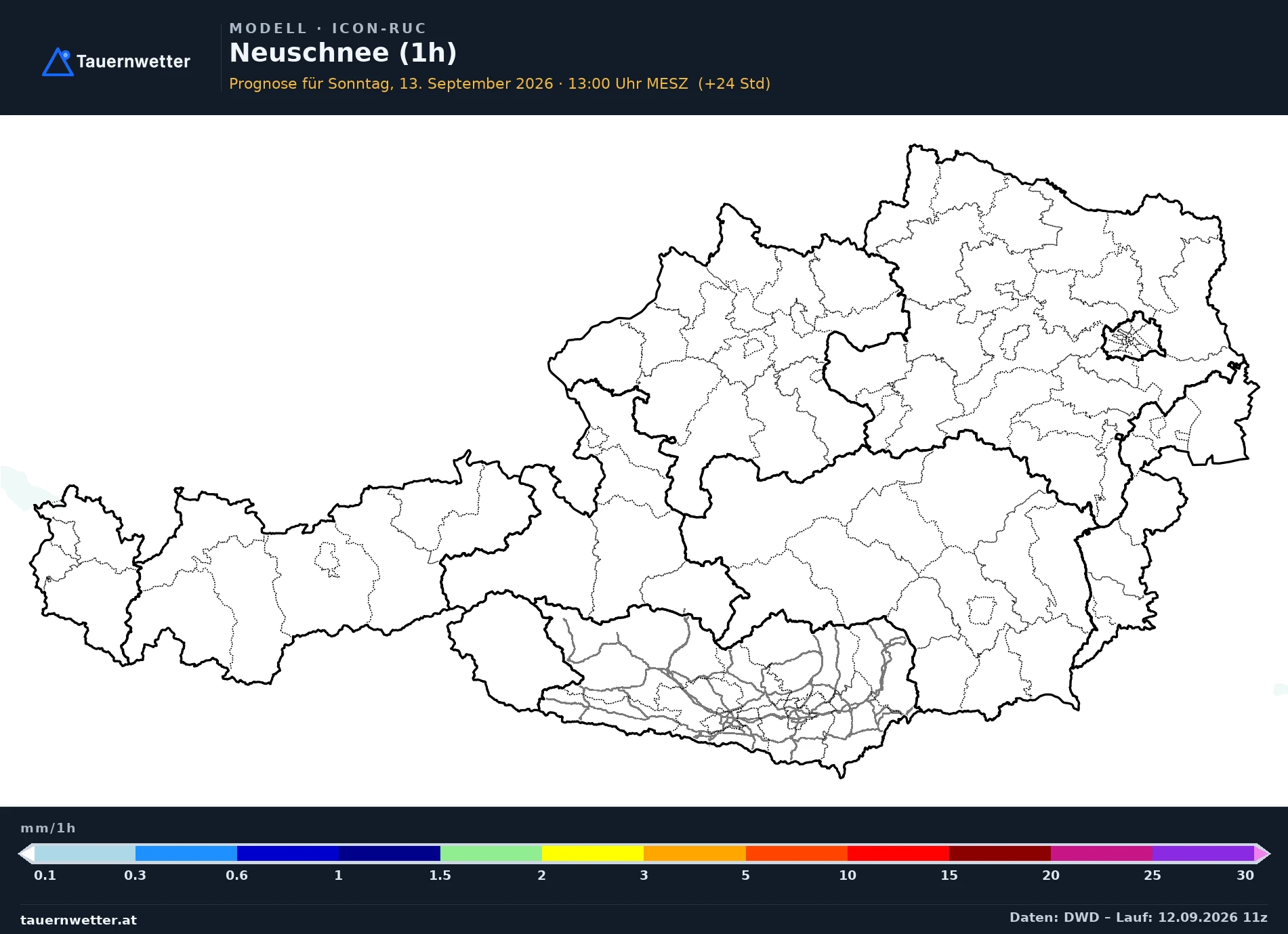ICON-D2-RUC Modellkarte Schnee 1 h Österreich, Vorhersage +24 Stunden