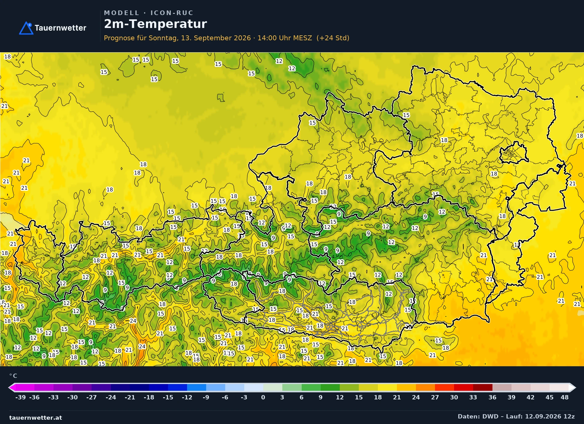 ICON-D2-RUC Modellkarte Temperatur 2 m Österreich, Vorhersage +24 Stunden