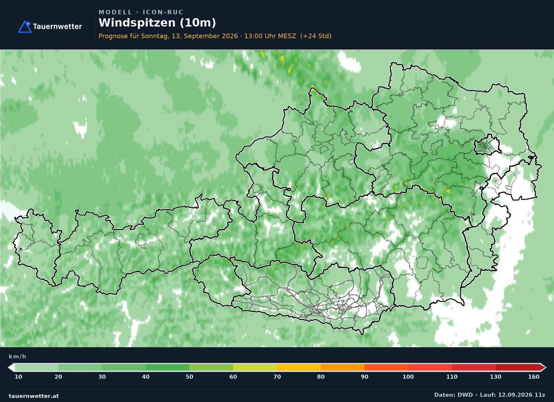 ICON-D2-RUC Modellkarte Windböen 10 m Österreich, Vorhersage +24 Stunden
