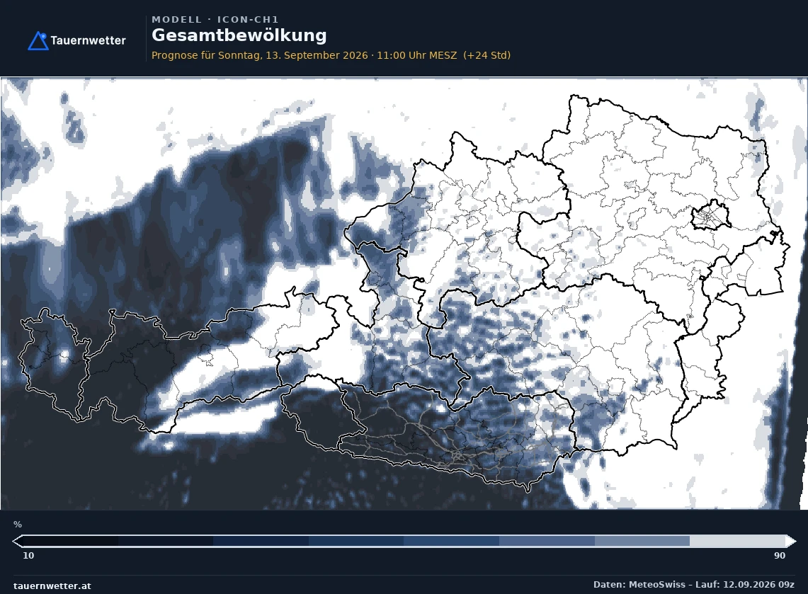 ICON-CH1 Modellkarte Bewölkung Österreich, Vorhersage +24 Stunden
