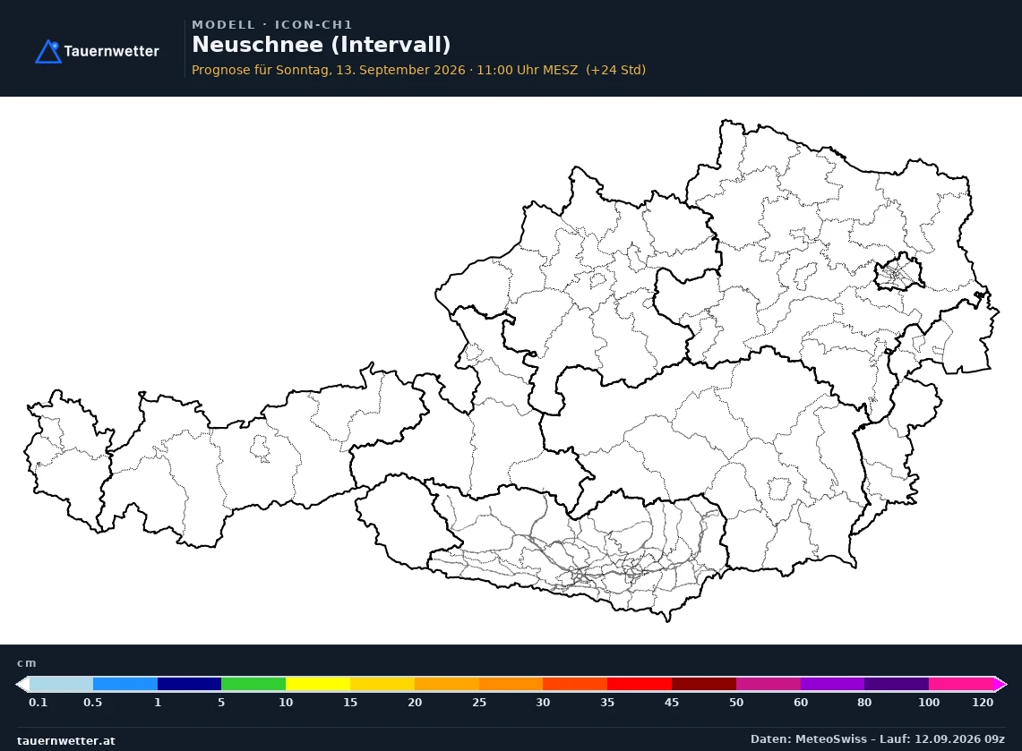 ICON-CH1 Modellkarte Neuschnee 1 h Österreich, Vorhersage +24 Stunden