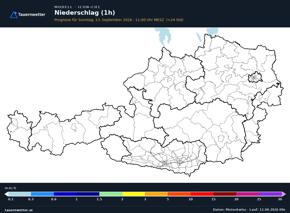 ICON-CH1 Modellkarte Niederschlag 1 h Österreich, Vorhersage +24 Stunden