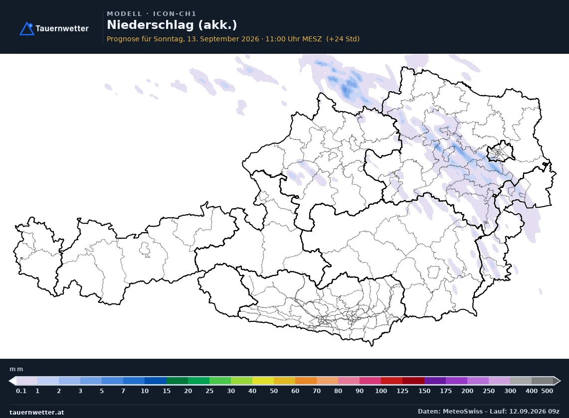 ICON-CH1 Modellkarte Niederschlag akkumuliert Österreich, Vorhersage +24 Stunden