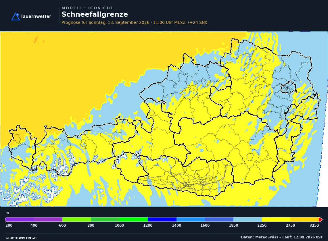 ICON-CH1 Modellkarte Schneefallgrenze Österreich, Vorhersage +24 Stunden