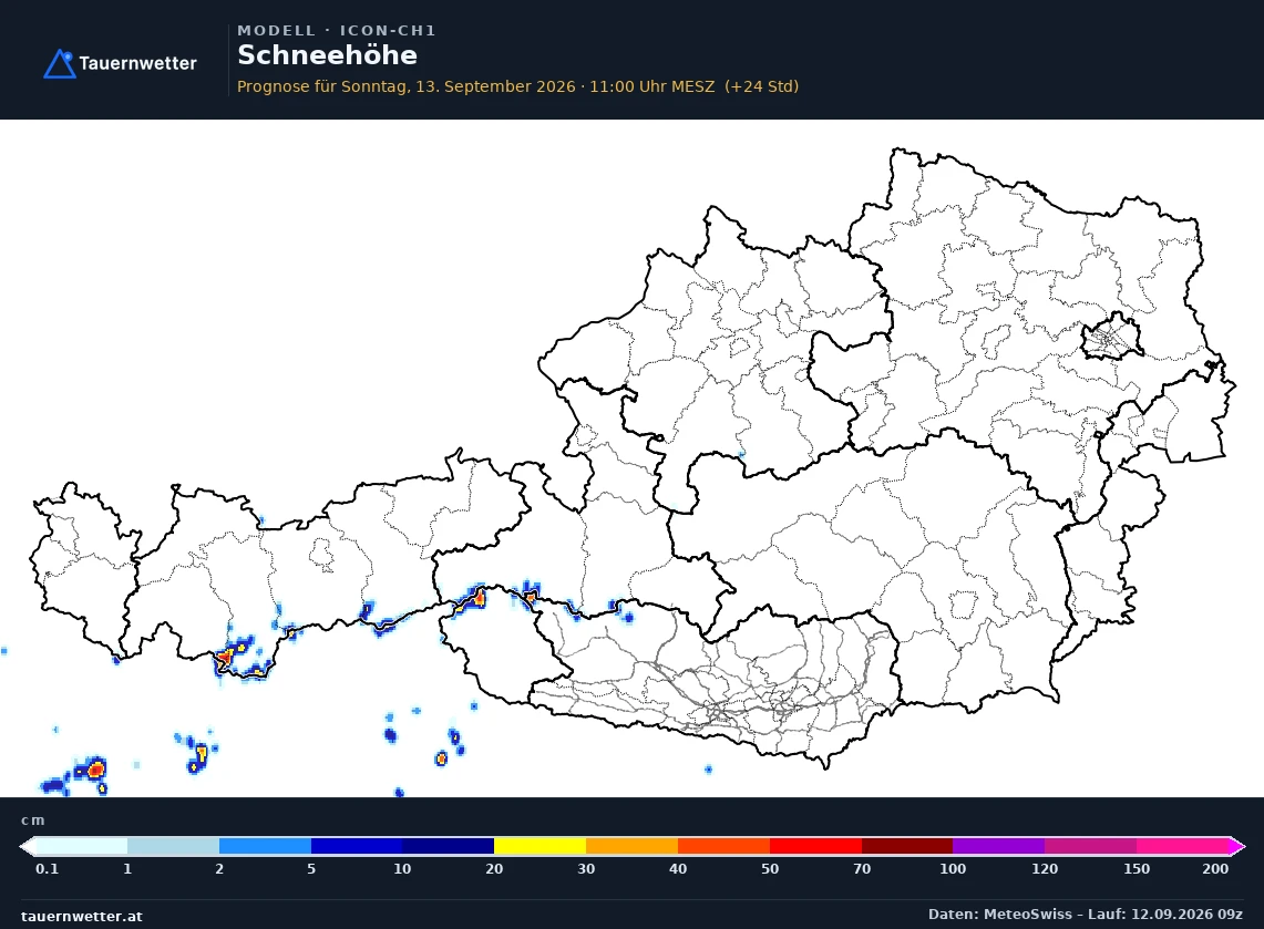 ICON-CH1 Modellkarte Schneehöhe Österreich, Vorhersage +24 Stunden