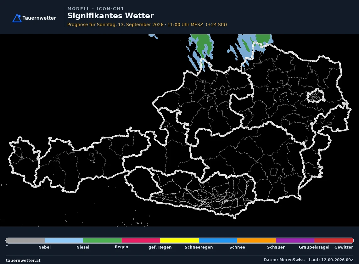 ICON-CH1 Modellkarte Signifikantes Wetter Österreich, Vorhersage +24 Stunden