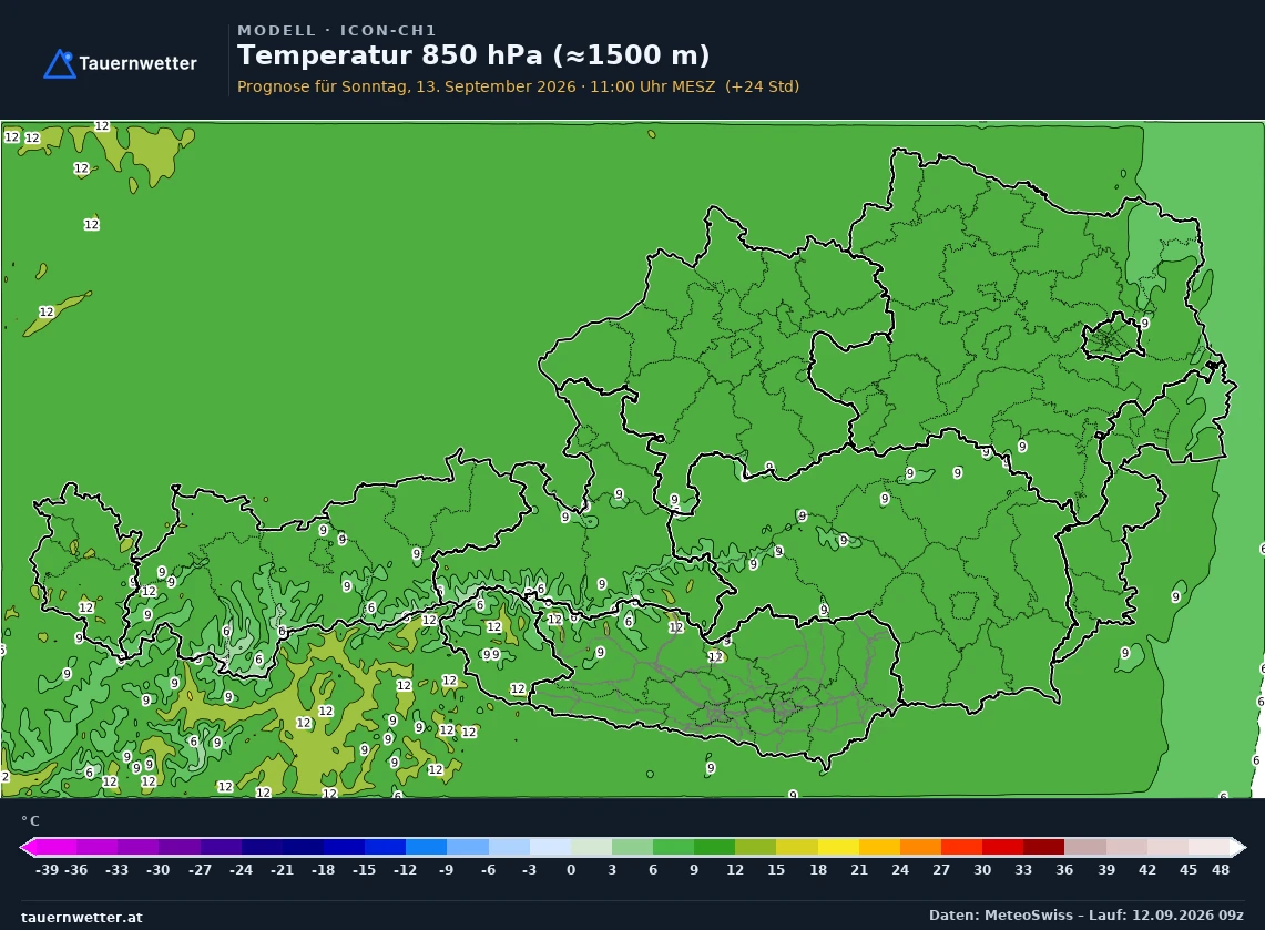 ICON-CH1 Modellkarte Temperatur 850 hPa Österreich, Vorhersage +24 Stunden