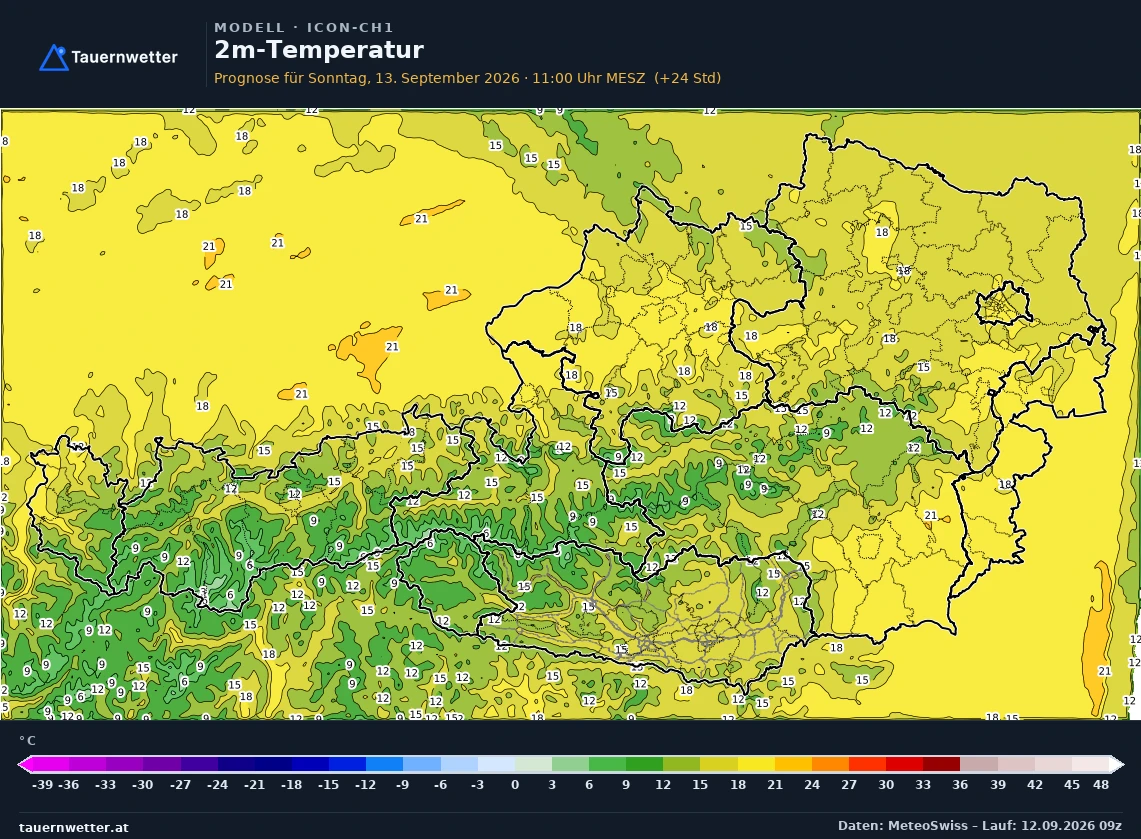 ICON-CH1 Modellkarte Temperatur 2 m Österreich, Vorhersage +24 Stunden