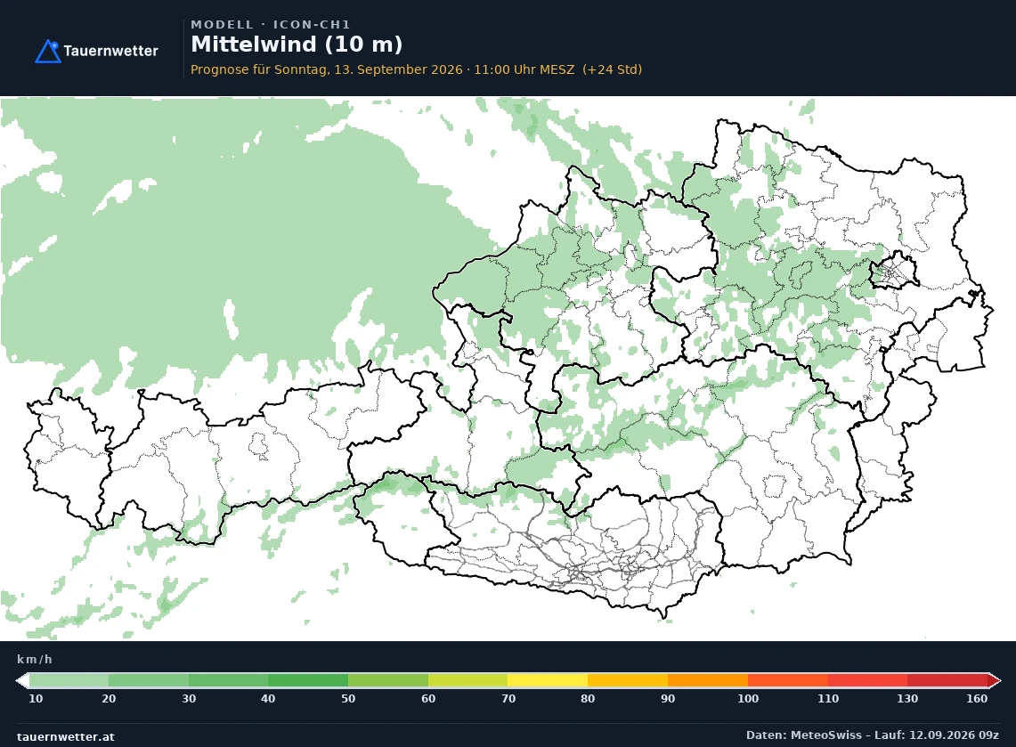 ICON-CH1 Modellkarte Mittelwind 10 m Österreich, Vorhersage +24 Stunden